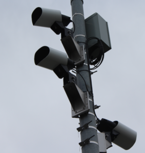 Closeup of three automated license plate readers on E. Sir Francisco Drake Blvd in Larkspur