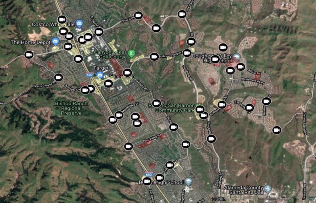 Map of proposed locations for surveillance cameras in San Ramon.